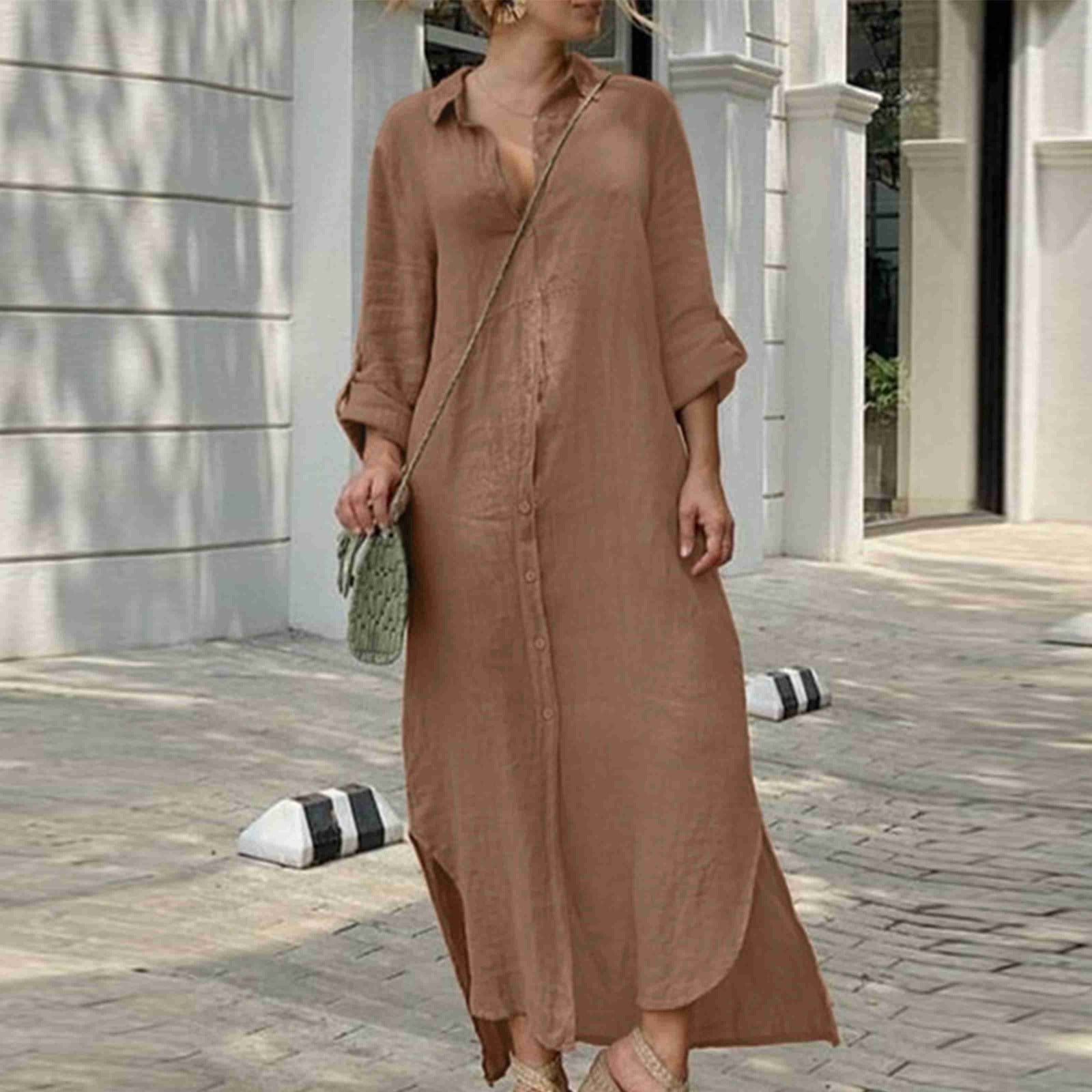Women's Casual Brown Cotton-linen Tie-neck Elastic Waist Slit Maxi Dress main image 0