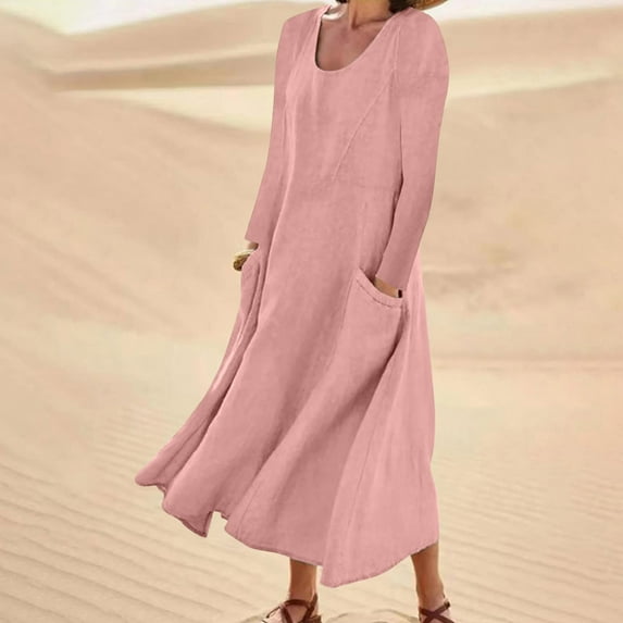 Cavosen Womens Maxi Dress Linen Pink Long Sleeve A-Line Dress Long Fashion Comfortable Dresses Plain Cotton Linen Casual Dress Crewneck Dress with Pocket Lounge Clothes M