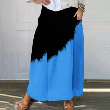 Cavosen Womens Midi Skirts Elastic Waistband Color Block Casual Skirts Elegant Lightweight Flowy Stylish Calf Length Skirts with Pocket Work Loose Fall Winter Clothes Blue