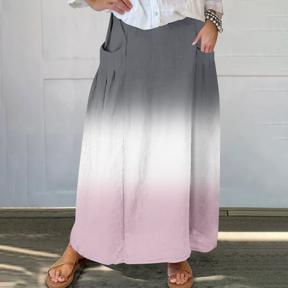 Cavosen Skirts for Women Trendy Elastic Waist Gradient Print Midi Skirts Elegant Lightweight Flowy Fashion Calf Length Skirts with Pocket Work Comfort Fall Winter Clothes Pink