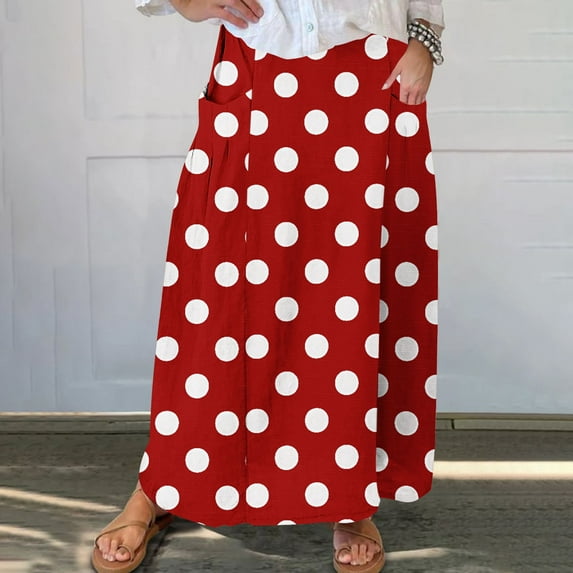 Cavosen Womens Midi Skirts Elastic Waistband Polka Dots Print Casual Skirts Elegant Lightweight Flowy Fashion Calf Length Skirts with Pocket Work Loose Fall Winter Clothes Red