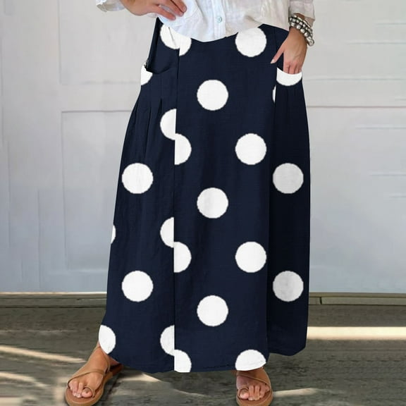 Cavosen Womens Midi Skirts Elastic Waistband Polka Dots Print Casual Skirts Elegant Lightweight Flowy Fashion Calf Length Skirts with Pocket Work Loose Fall Winter Clothes Blue