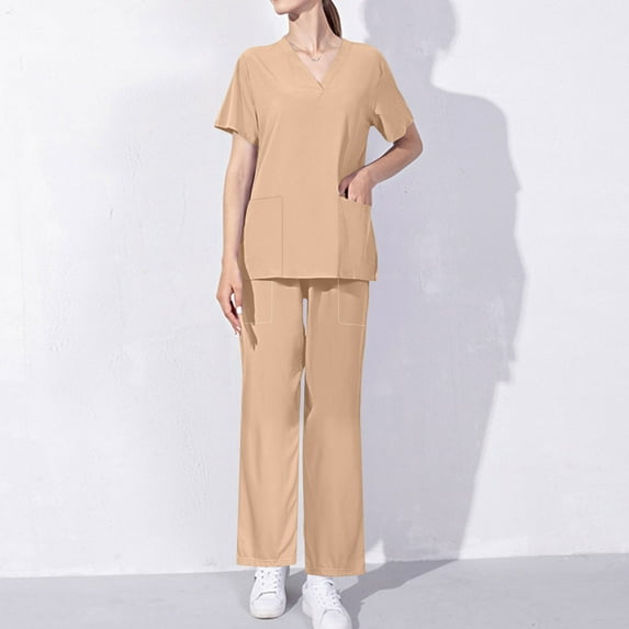 Cavosen Womens Nursing Scrub Set Beige 2 Piece Outfit with Pocket Stretch Soft Workwear Short Sleeve V-Neck Long Pants Nurse Uniform Solid Yoga Loungewear Lightweight Travel S