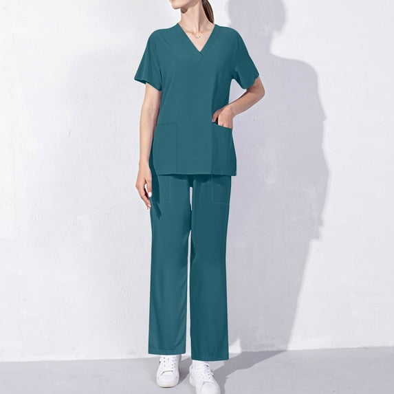 Cavosen Womens Nursing Scrub Set Green 2 Piece Outfit with Pocket Stretch Soft Workwear Short Sleeve V-Neck Long Pants Nurse Uniform Solid Yoga Loungewear Lightweight Athletic L