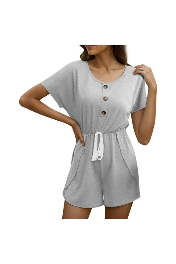 Womens Overalls Baggy Loose Crew Neck Short Sleeve Jumpsuits Belt Drawstring Overalls Solid Summer Casual Rompers