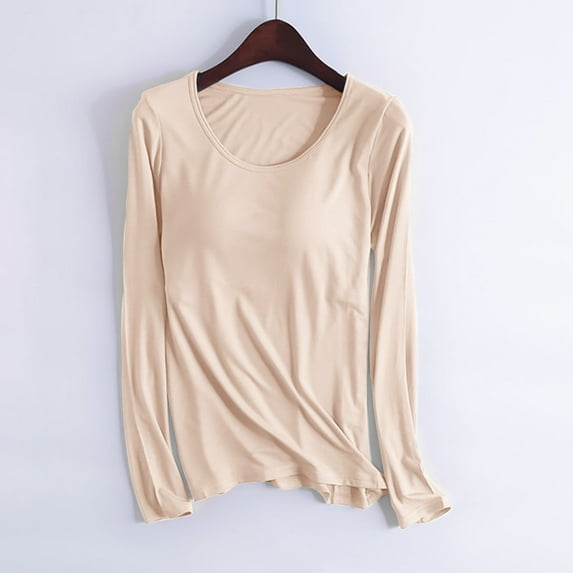 Cavosen Womens Padded Tops with Built in Bra Modal Cotton Solid Color Soft Blouse Long Sleeve Crewneck Pajama Tops Wirefree Shirts Basic Comfy Fall Winter Clothes Beige S