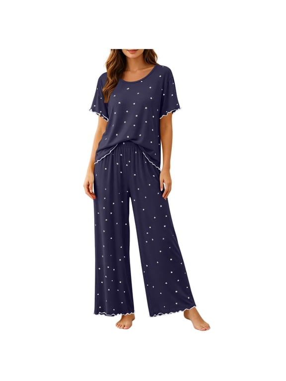 Womens Pajama Sets 2 Piece Casual Crewneck Short Sleeve Loungewear with Loose Pants Solid Soft Matching Set Summer Breathable Sleepwear