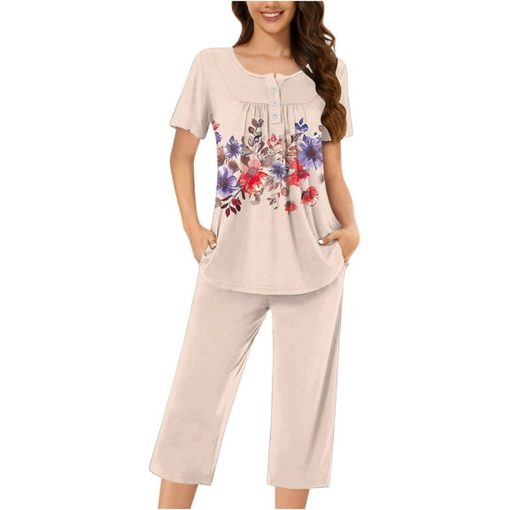 Cavosen Womens Pajama Sets Capri 2 Piece Button Front Pleated Soft Nightwear Short Sleeve Round Neck Pullover Shirts Sleepwear Floral Print Loungewear with Pocket Brown S