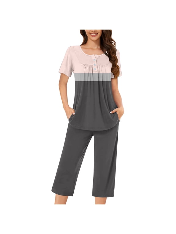Womens Pajama Sets Capri Sets with Pockets 2 Piece Button Front Pleated Soft Sleepwear Short Sleeve Crewneck Pullover Tops Nightwear Color Block Loungewear Pink XL