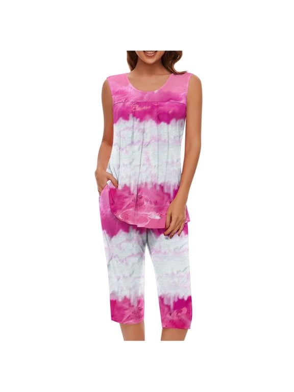 Womens Pajama Sets Capri Sets with Pockets 2 Piece Pleated Soft Nightwear Sleeveless Round Neck Pullover Tank Tops Sleepwear Tie Dye Loungewear Loose Pjs Pink 2XL