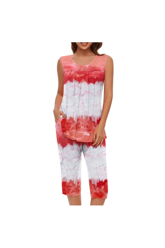 Womens Pajama Sets Capri Sets with Pockets 2 Piece Pleated Soft Sleepwear Sleeveless Round Neck Pullover Tank Tops Nightwear Tie Dye Pjs Comfort Loungewear Outfits Red S