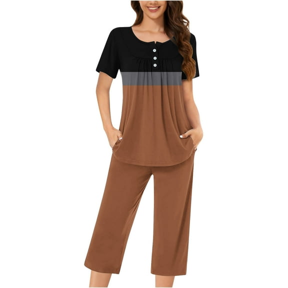 Cavosen Womens Pajama Sets with Pockets 2 Piece Button Front Pleated Soft Nightwear Short Sleeve Crewneck Pullover Tops Capri Sleepwear Color Block Loungewear Casual Brown S