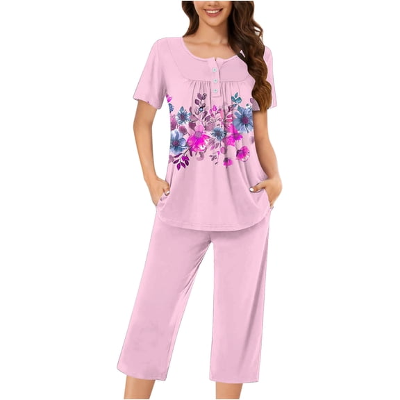 Cavosen Womens Pajama Sets Short Sleeve 2 Piece Button Front Pleated Soft Sleepwear Round Neck Pullover Shirts Capri Nightwear Floral Print Loungewear with Pocket Purple L