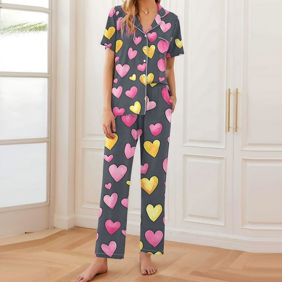 Cavosen Womens Pajama Sets Short Sleeve Long Pants 2 Piece Button down Soft Sleepwear Collar Shirts Nightwear Heart Print Pjs with Pocket Comfort Loungewear Outfits Black S