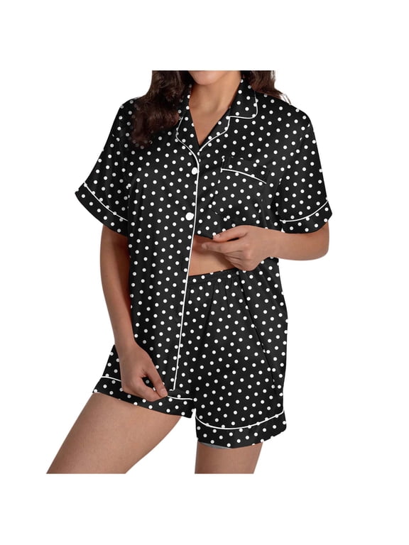 Womens Pajama Shorts Notch CollarShort Sleeve Button Down Pajama Set Polka Dots Loungewear Winter Sleepwear with Pocket