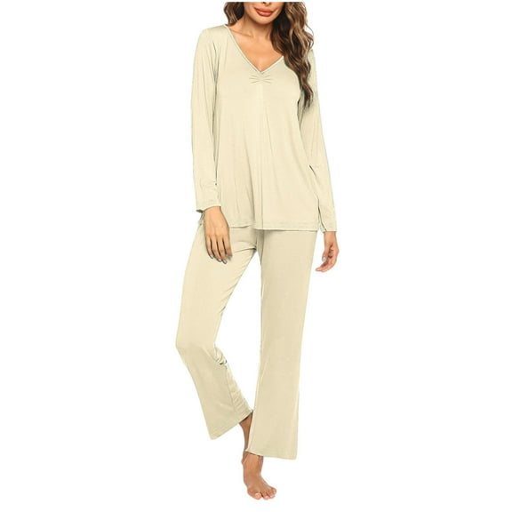Cavosen Womens Pajamas Long Sleeve 2 Piece Outfit Sets Long Pants V-Neck Sleepshirts Nightwear Solid Trendy Homewear Lightweight Comfy Sleepwear Lounge Set Fall Winter Clothes