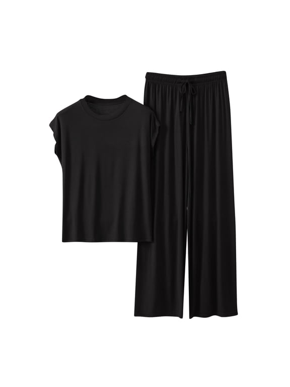 Womens Pajamas Set 2 Piece Casual V Neck Short Sleeve Sleepwear with Loose Pants Solid Lightweight Loungewear Summer Comfortable Matching Set