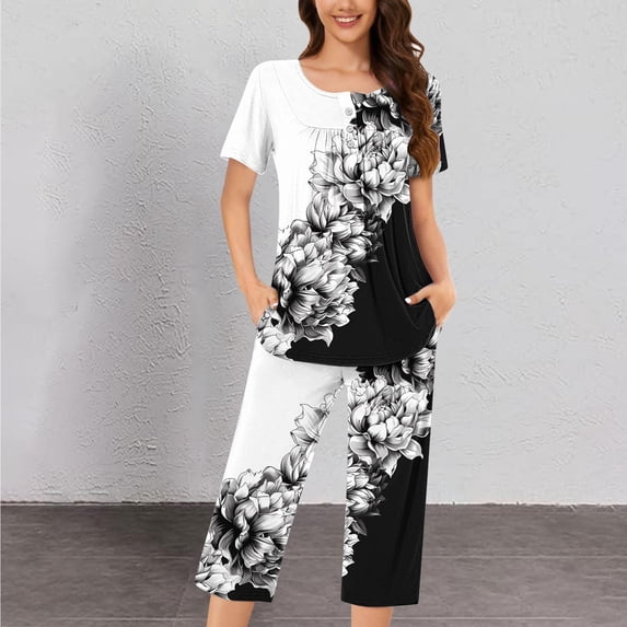 Cavosen Womens Pajamas Set Sleepwear Casual with Pocket Button 2 Piece Outfit Sets Capris Short Sleeve Sleepshirts Pjs Pleated Nightwear Baggy Homewear Fall Winter Clothes