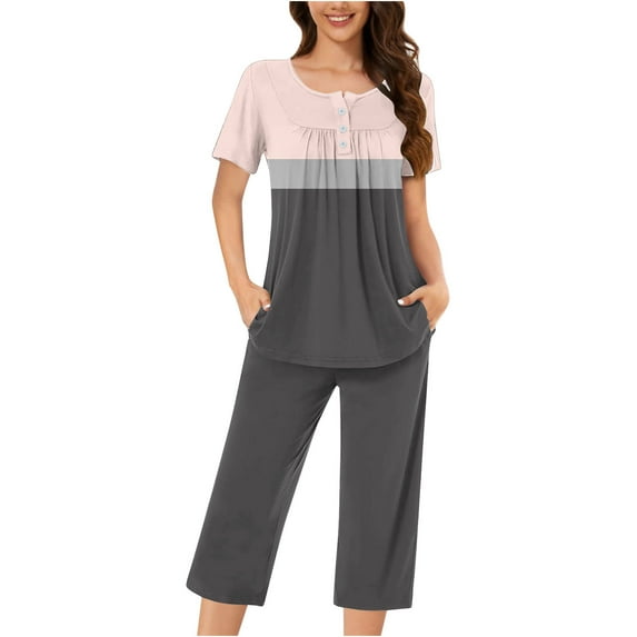 Cavosen Womens Pajamas Sets 2 Piece Outfits Button Front Pleated Soft Sleepwear Short Sleeve Crewneck Pullover Tops Capri Nightwear Color Block Loungewear with Pocket Pink 2XL