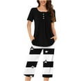 thumbnail image 1 of Cavosen Womens Pajamas Sets 2 Piece Outfits Button Front Pleated Soft Sleepwear Short Sleeve Round Neck Pullover Tops Striped Capri Nightwear Loungewear with Pocket Black S, 1 of 5