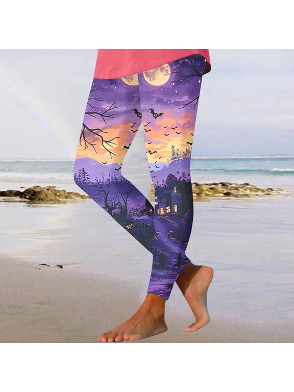 Womens Pull on Pants Halloween Funny Graphic Print Butt Lifting Soft Full Length Leggings Elastic Waist Bottom Party Pants
