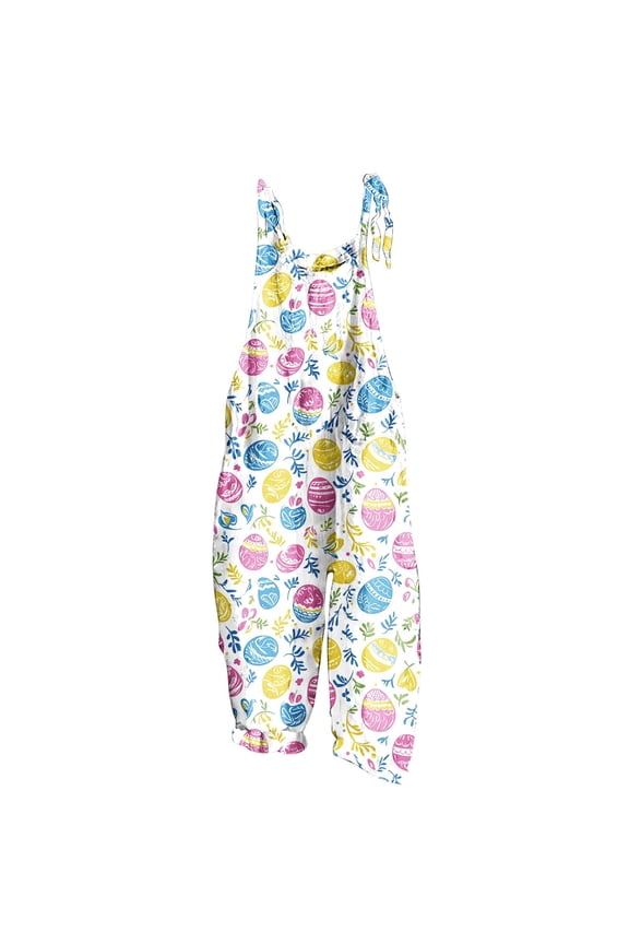 Womens Rompers for Summer Easter Oversized Jumpsuits Wide Leg Long Overalls with Pocket Print Summer Holiday Rompers