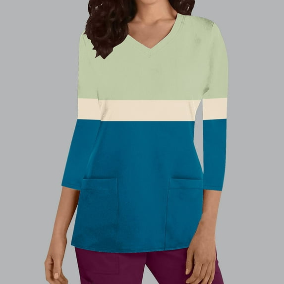 Cavosen Womens Scrub Shirts Green 3/4 Sleeve V Neck Underscrub Stretchy Soft Xmas Color Block Wrap Scrub Tops with Pocket Comfortable Workwear Anti-Wrinkle Scrub Shirts Tee Tunic L