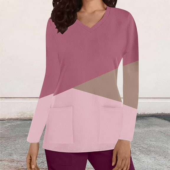 Cavosen Womens Scrub Shirts Pink Long Sleeve V Neck Underscrub Stretchy Soft Xmas Color Block Yoga Scrub Tops with Pocket Lightweight Workwear Anti-Wrinkle Scrub Shirts Tee Tunic S