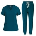 thumbnail image 1 of Cavosen Womens Scrubs Sets Stretchy Blue 2 Piece Outfit with Pocket Workwear Short Sleeve V-Neck Long Pants Jogger Pants Nurse Uniform Solid Drawstring Loungewear Breathable M, 1 of 2