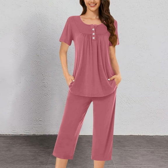 Cavosen Womens Sets 2 Piece Outfits Lounge with Pocket Button Pajamas Outfits Sets Capris Short Sleeve V-Neck Tops Nightwear Pleated Solid Homewear Casual Sleepwear Fall Winter