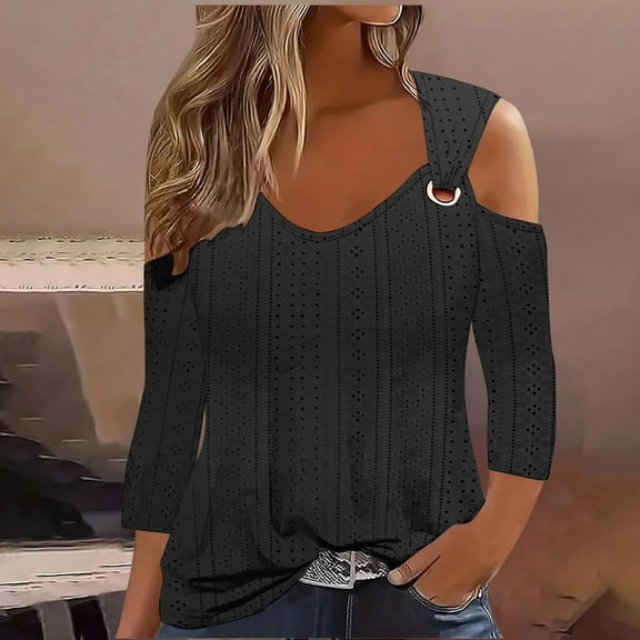 Cavosen Womens Shirts 3/4 Sleeves V Neck Cold Shoulder Pullover Shirts Comfort Plain Blouse Dressy Flowy Loose Fit Tees Eyelet Ring Tops Fashion Lightweight Autumn Black S