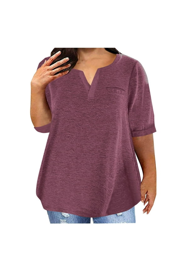 Womens Shirts Elbow Length Oversized Half Sleeve Pullover T-Shirts Tunic V Neck Solid Curved Hem Soft Tops Holiday Blouse Stylish Dressy Shirts Going out Resort Tees Red XL