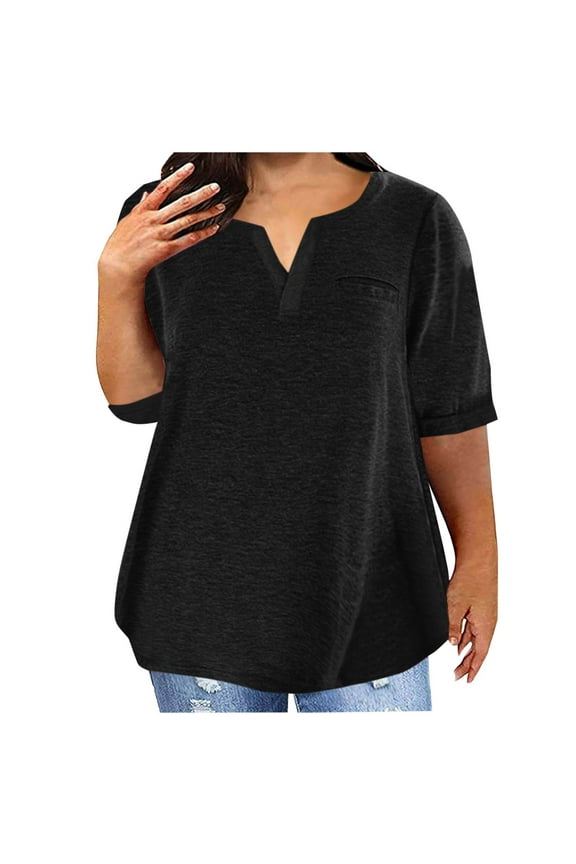 Womens Shirts Elbow Length Oversized Half Sleeve Pullover Tops Tunic V Neck Solid Curved Hem Soft Shirts Holiday T-Shirts Novelty Loose Blouse Workout Resort Tees Black 2XL
