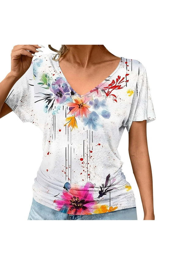 Womens Shirts Short Sleeve Casual Summer Dolman Sleeve Ruched Dressy Tops Pullover Tunic V Neck Loose Blouse Floral Print Fashion T Shirts Resort Going out Tees L