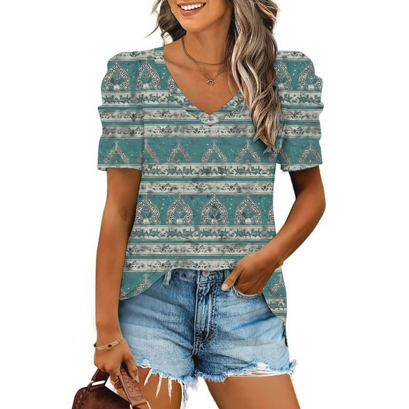 Cavosen Womens Shirts Short Sleeve Dressy Summer Puff Sleeve Pullover Tees V Neck Casual Loose T Shirts Striped Vintage Trendy Blouse Beach Resort Comfy Workout Tops Blue 3XL