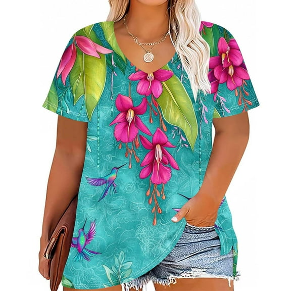Cavosen Womens Short Sleeve Blouses Dressy Summer Oversized T Shirts Pullover Tunic V Neck Casual Loose Tees Floral Print Fashion Shirts Beach Resort Comfy Workout Tops 3XL