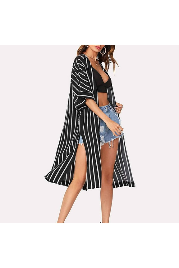 Womens Short Sleeve Cardigan Sweater Black Summer Duster Cardigan Stripe Sweater Cover up Contrast Color Lightweight Open Front Outwear Beach Kimonos Resortwear S