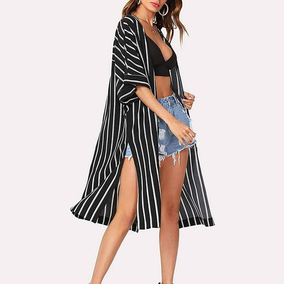 Cavosen Womens Short Sleeve Cardigans Long Black Summer Duster Cardigan Stripe Sweater Cover up Contrast Color Lightweight Open Front Outwear Beach Kimonos Flattering Resortwear M