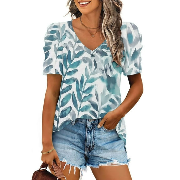 Cavosen Womens Short Sleeve Shirts Slim Fit Summer Puff Sleeve Dressy Pullover Tees V Neck Casual Loose T Shirts Floral Retro Print Fashion Blouse Resort Vacation Tops Blue 2XL