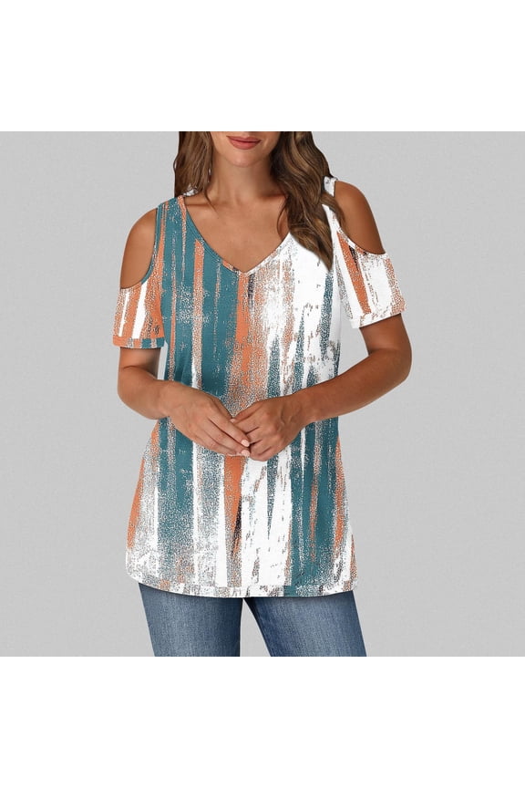 Womens Short Sleeve T Shirts Dressy Summer Off Shoulder Sleeve Tees Pullover Tunic V Neck Casual Loose Tops Floral Graphic Print Trendy Blouse Going out Shirts White XL