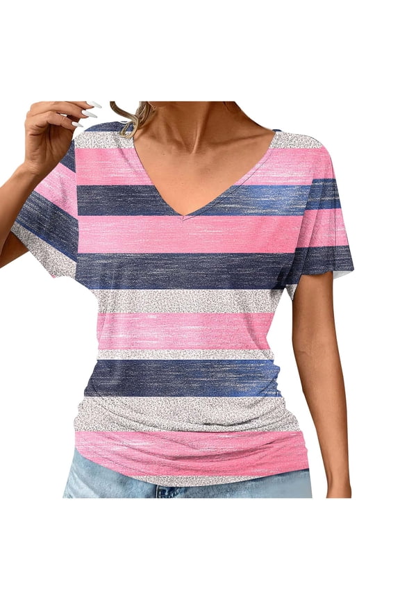 Womens Short Sleeve Tops Casual Summer Dolman Sleeve Ruched Dressy T Shirts Pullover Tunic V Neck Loose Tees Striped Fashion Shirts Resort Comfy Vacation Blouse S