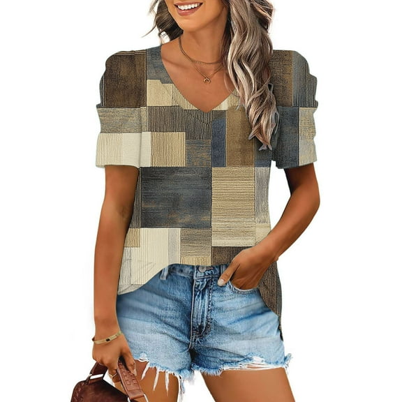 Cavosen Womens Short Sleeve Tops V Neck Summer Puff Sleeve Dressy Pullover Shirts Casual Loose T Shirts Color Block Trendy Tees Beach Resort Comfy Going out Blouse Brown L