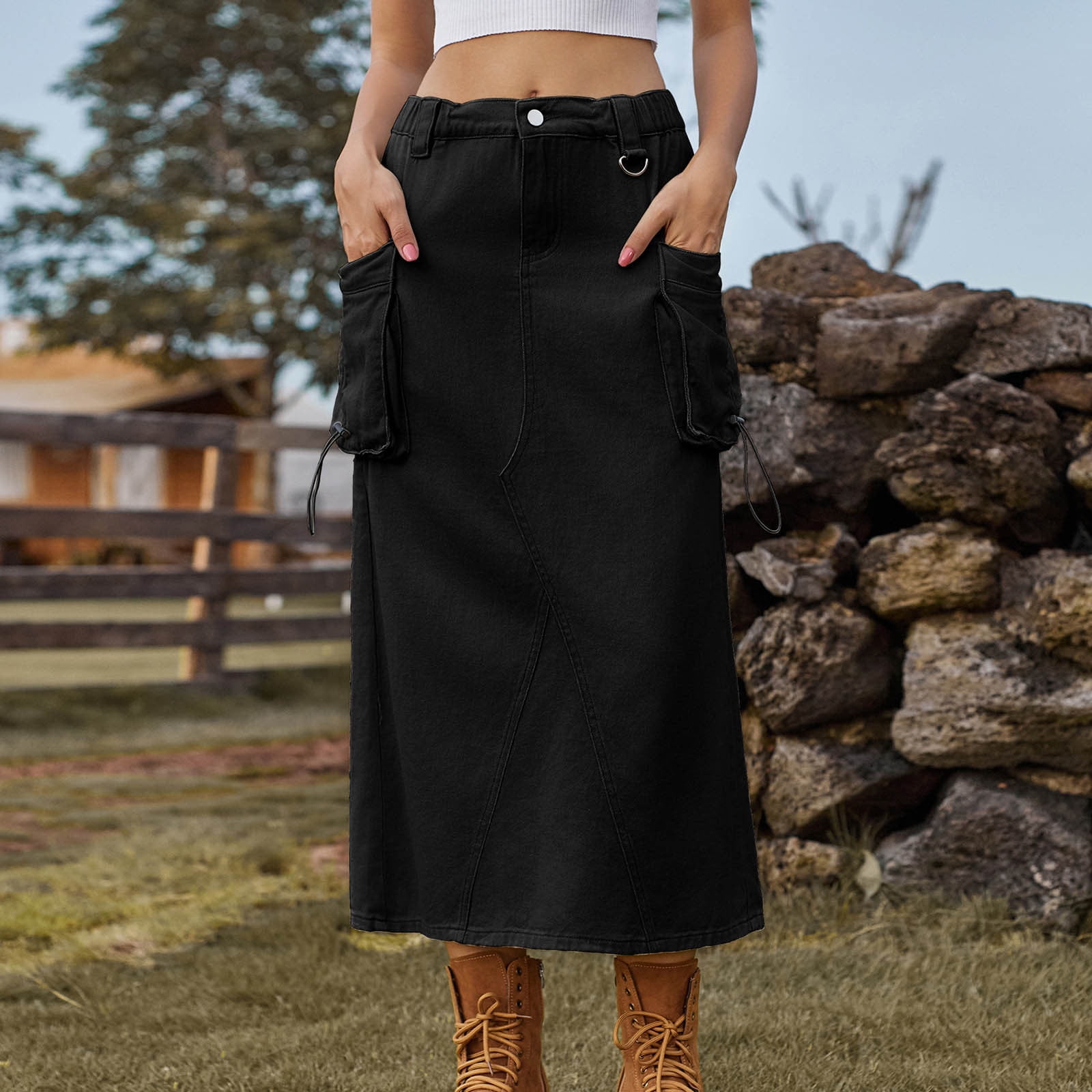 Cavosen Womens Skirts Knee Length Summer Midi Calf Length Cargo Skirts Denim Jean Skirts Plain Pencil Skirts Dress Button Side Pocket Athletic Beachwear Resortwear Black S