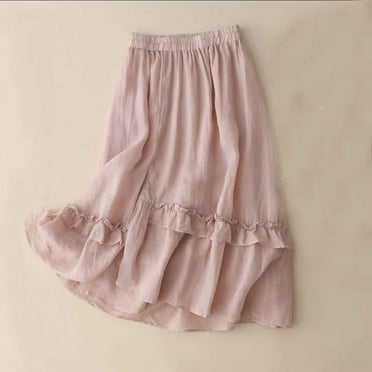 Cavosen Womens Skirts Midi Length Flowy Cotton Linen Elastic Waist Solid Color A-Line Skirts Casual Skirts Ruffle Hem Lightweight Stylish Calf Length Skirts Fall Winter Clothes Pink