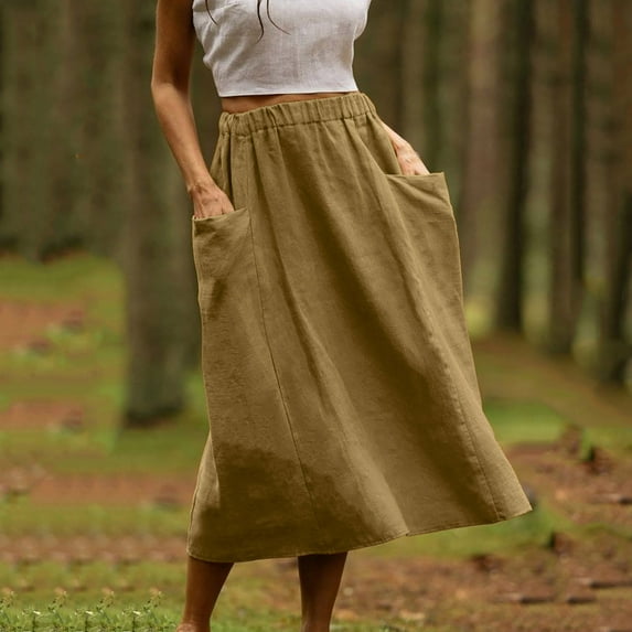 Cavosen Womens Skirts Midi Length Flowy Cotton Linen Elastic Waist Solid Color Casual Skirts Elegant Lightweight Fashion Calf Length Skirts Work Loose Fall Winter Clothes Brown