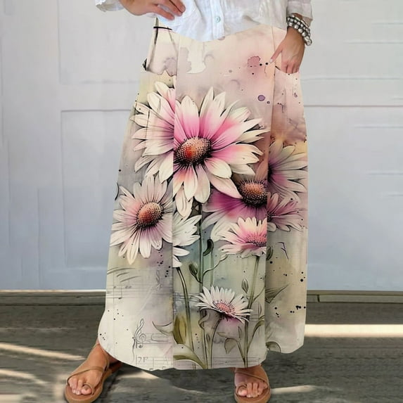 Cavosen Womens Skirts Midi Length Flowy Elastic Waist Floral Print Casual Skirts Elegant Lightweight Fashion Calf Length Skirts with Pocket Work Loose Fall Winter Clothes Pink
