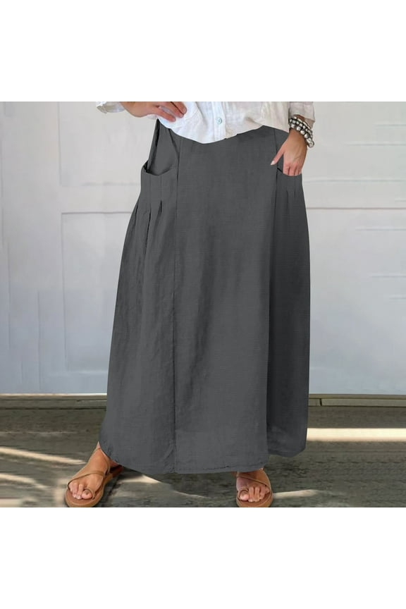 Womens Skirts Midi Length Flowy Elastic Waist Solid Color Casual Skirts Elegant Lightweight Fashion Calf Length Skirts with Pocket Work Loose Fall Winter Clothes Gray