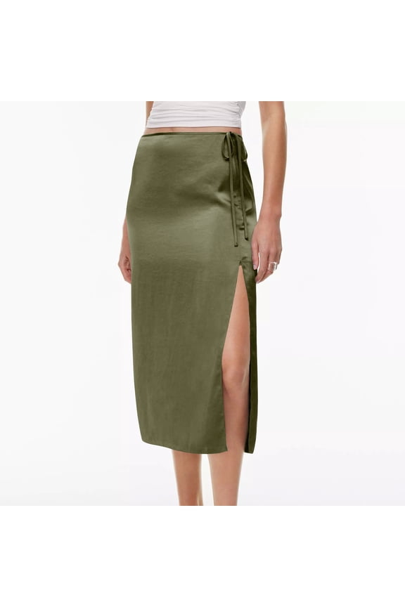 Womens Skirts Midi Length Flowy High Waisted Plain Casual Skirts Side Split Lightweight Fashion Calf Length Skirts Drawstring Work Loose Fall Winter Clothes Green
