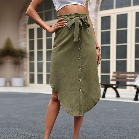 Cavosen Womens Skirts Midi Length Flowy High Waisted Solid Color Casual Skirts Curved Hem Lightweight Fashion Calf Length Skirts Button up Tie Work Fall Winter Clothes Green XL