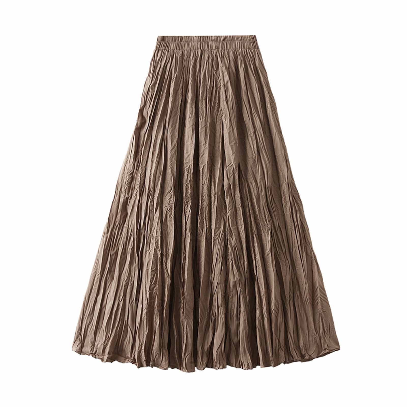 Cavosen Womens Skirts Midi Length Summer Calf Length Skirts Pleated Pencil Skirts High Elastic Waist Solid Color Summer Skirts Flowy Slimming Dress Athletic Beachwear Brown